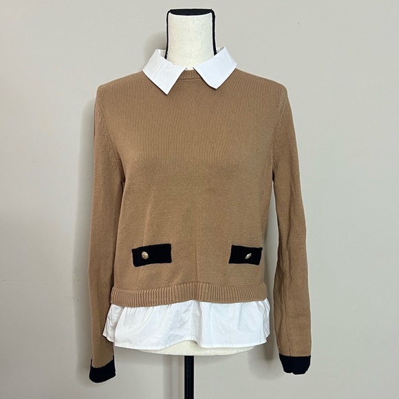 🍂🥧🧥LOFT Tan/Camel Sweater with Black Details - Picture 2 of 16